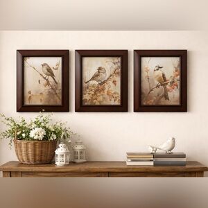 Set of 3 Framed Bird Art Prints in Brown Frames